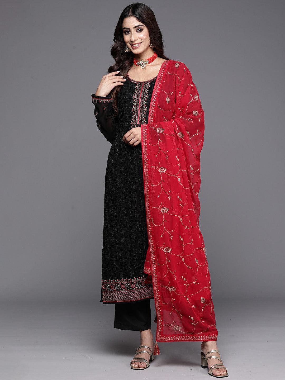Black Embroidered Georgette Straight Kurta With Trousers & Dupatta - ShopLibas