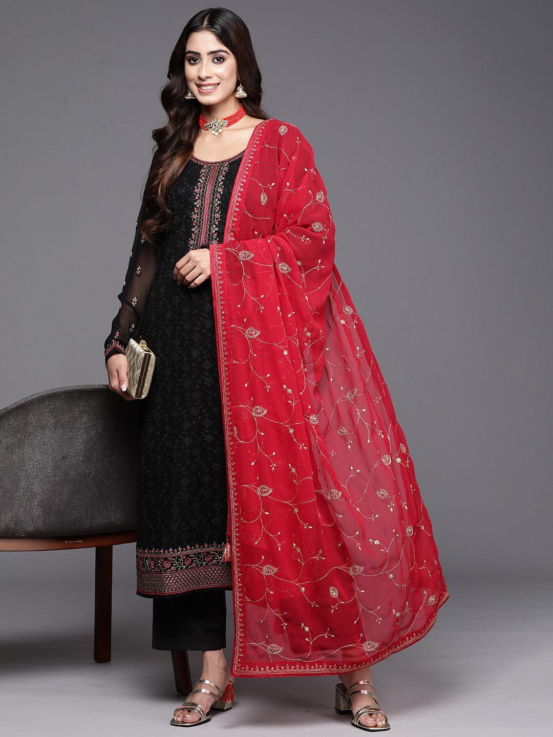 Black Embroidered Georgette Straight Kurta With Trousers & Dupatta - ShopLibas