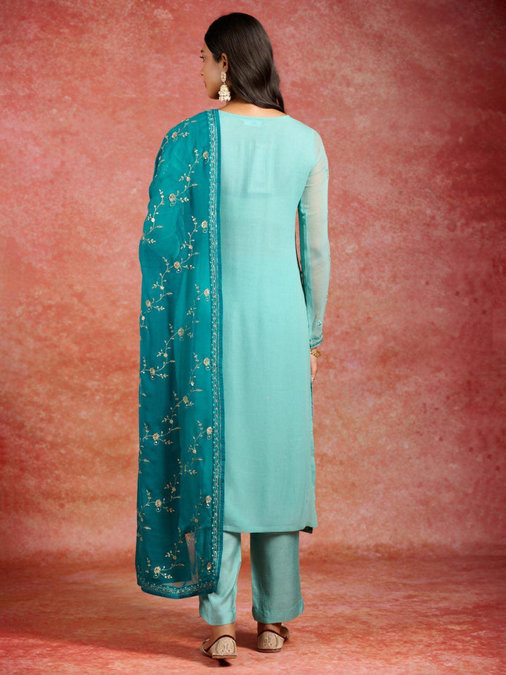 Green Embroidered Georgette Straight Suit With Dupatta