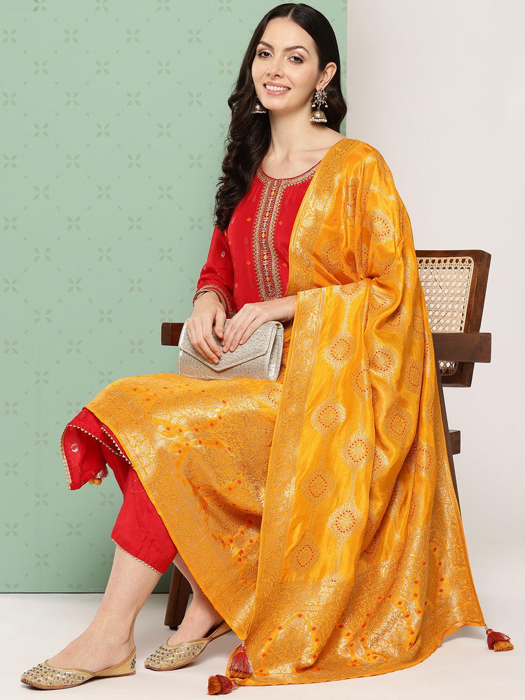 [Available] Cream Kurta Suit with Red Dupatta main image 0