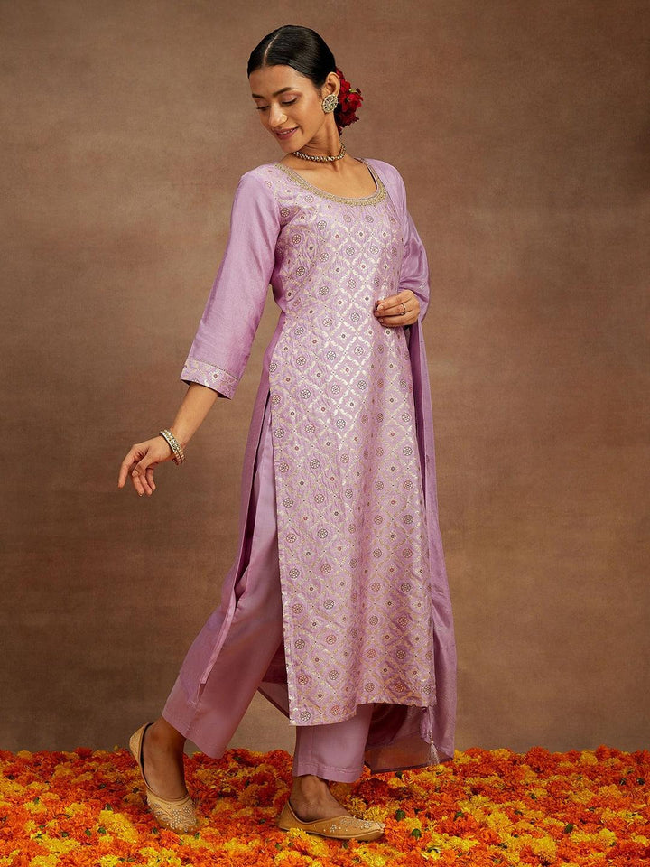 Lavender Woven Design Silk Blend Straight Suit With Dupatta