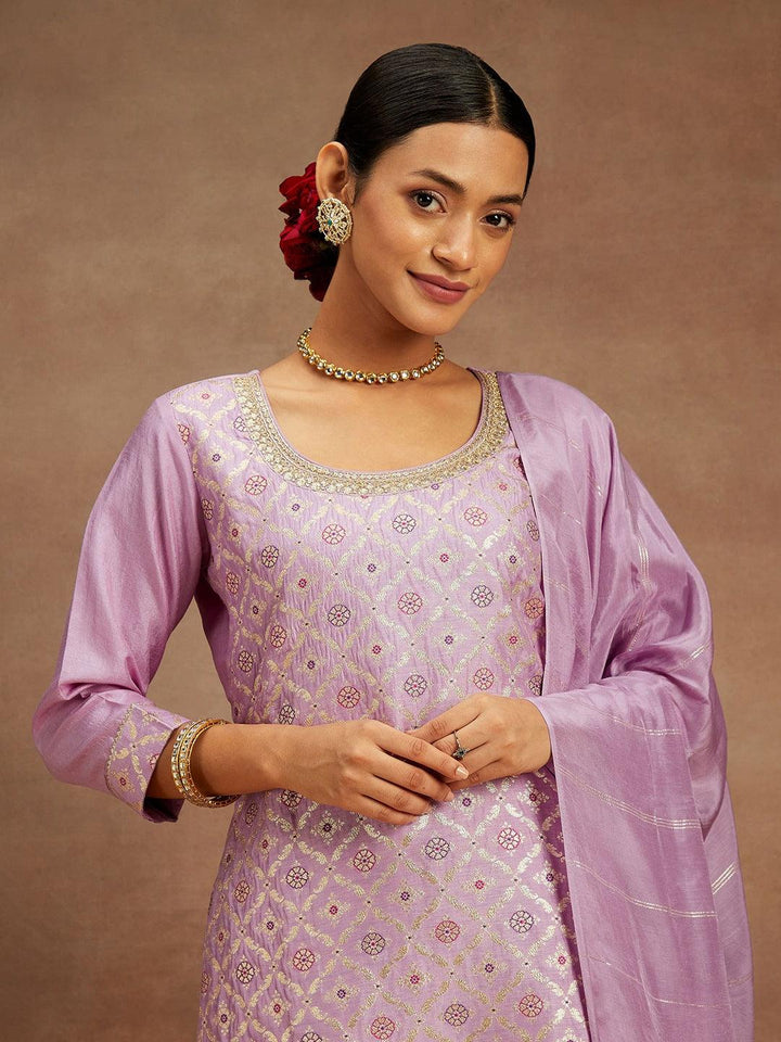 Lavender Woven Design Silk Blend Straight Suit With Dupatta