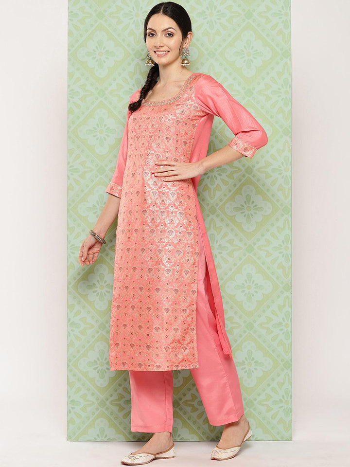 Peach Woven Design Silk Blend Straight Suit With Dupatta