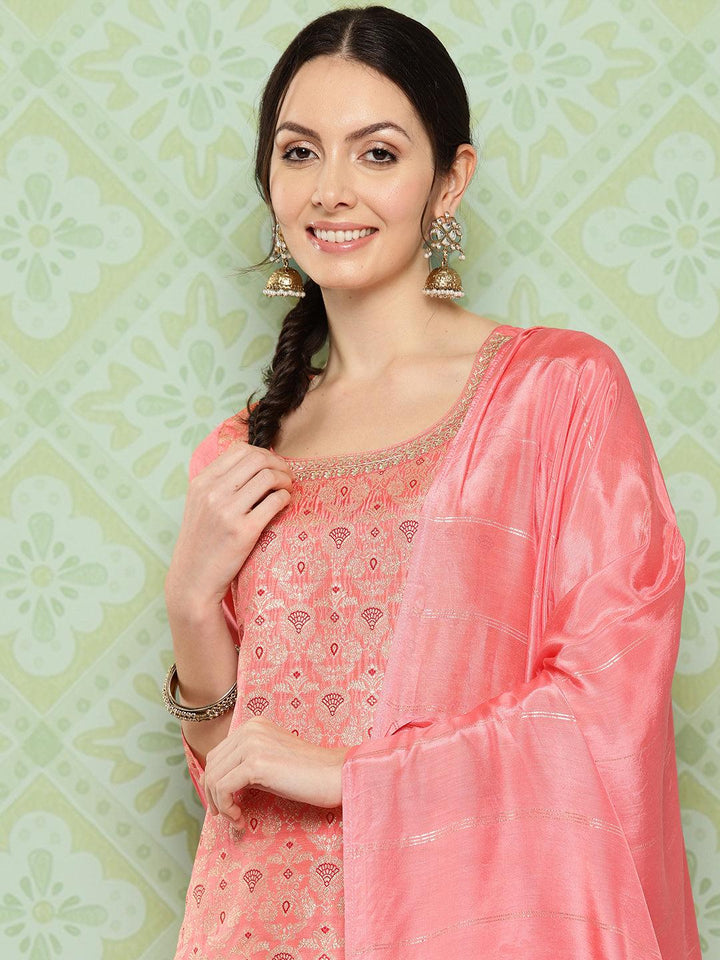 Peach Woven Design Silk Blend Straight Suit With Dupatta