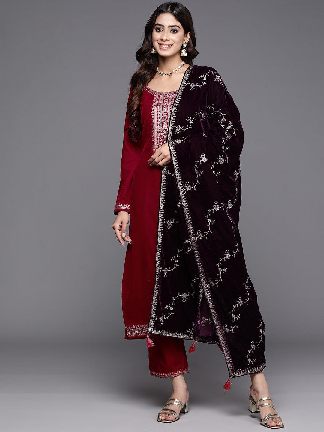 Hot Pink Yoke Design Velvet Straight Kurta With Trousers & Dupatta - ShopLibas