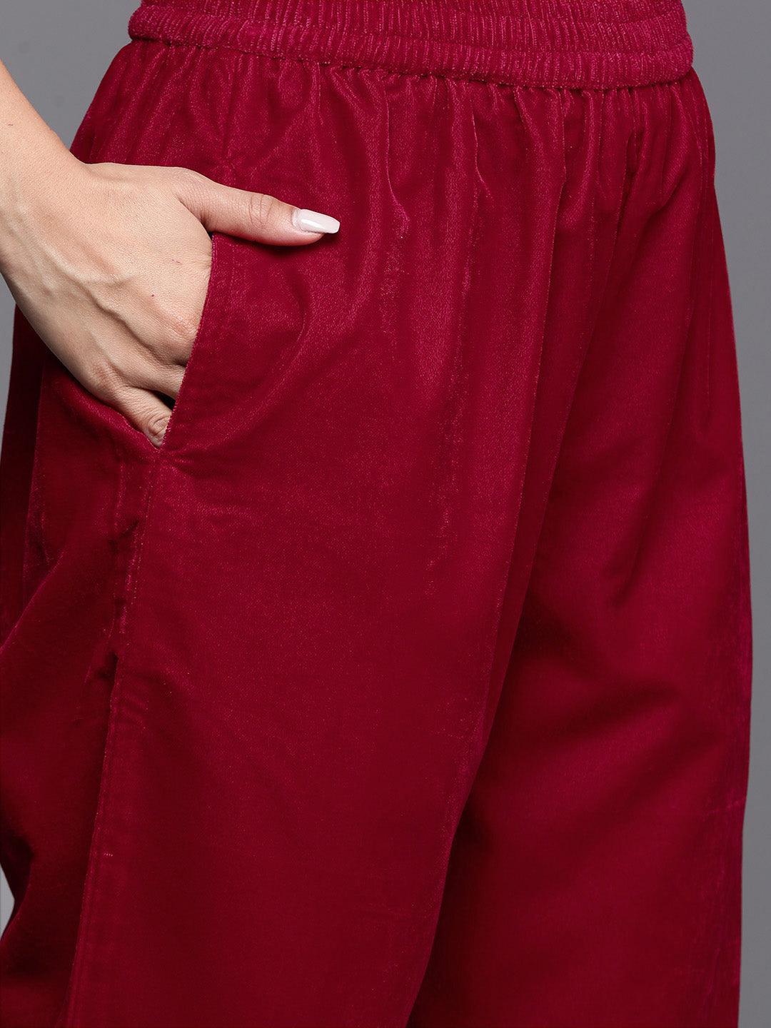 Hot Pink Yoke Design Velvet Straight Kurta With Trousers & Dupatta - ShopLibas