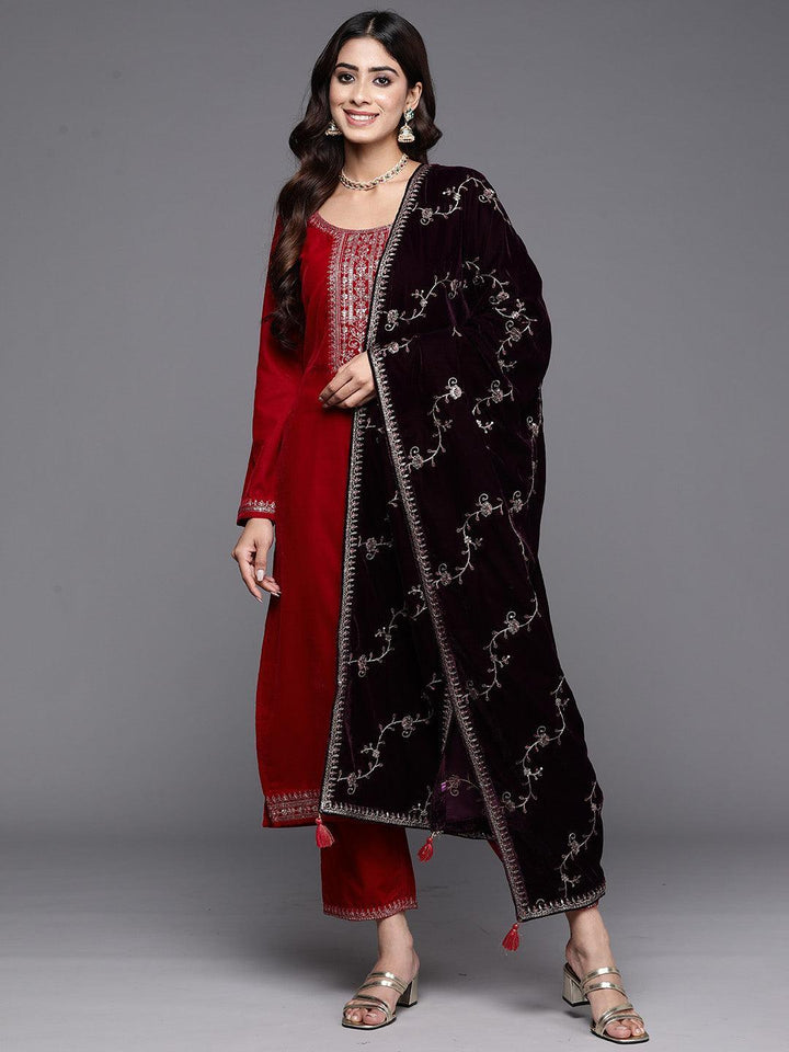 Pink Yoke Design Velvet Straight Suit With Dupatta