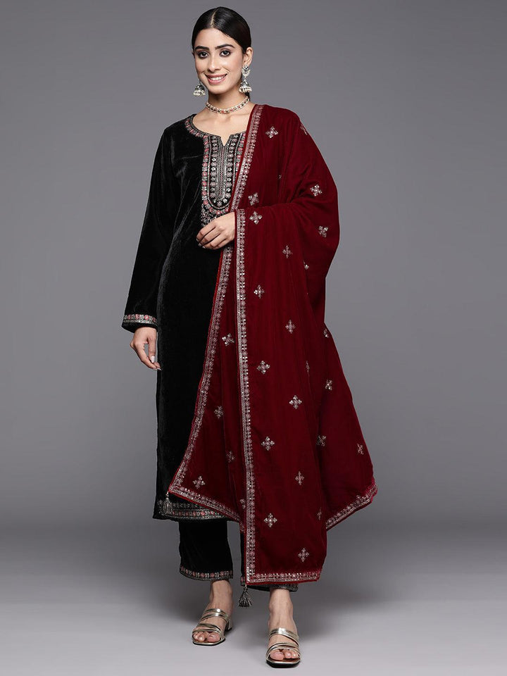 Black Yoke Design Velvet Straight Suit With Dupatta