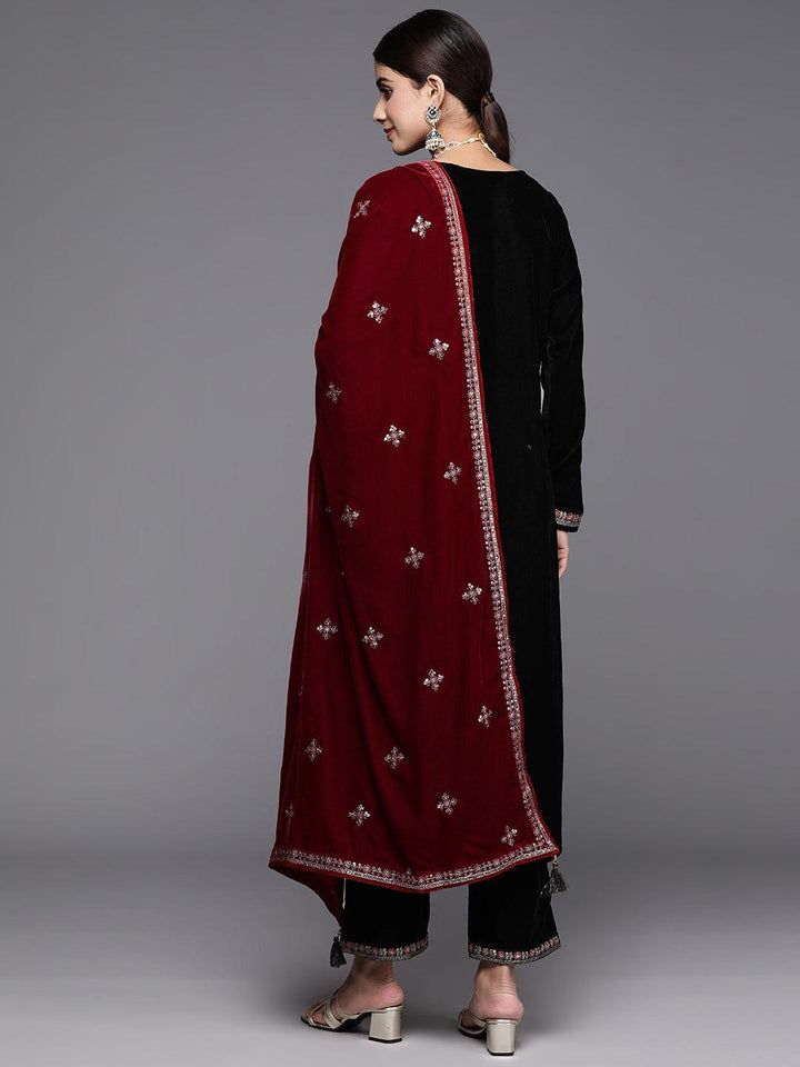 Black Yoke Design Velvet Straight Suit With Dupatta
