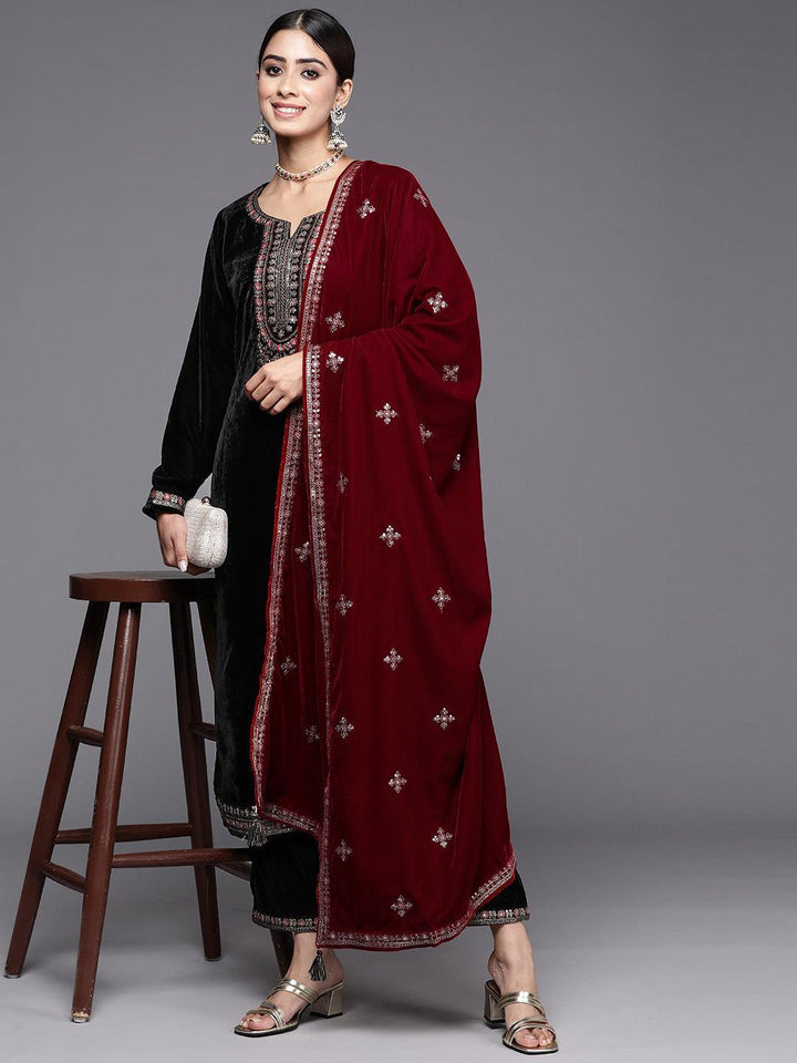 Black Yoke Design Velvet Straight Suit With Dupatta
