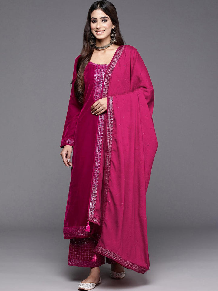 Pink Yoke Design Velvet Straight Suit With Dupatta