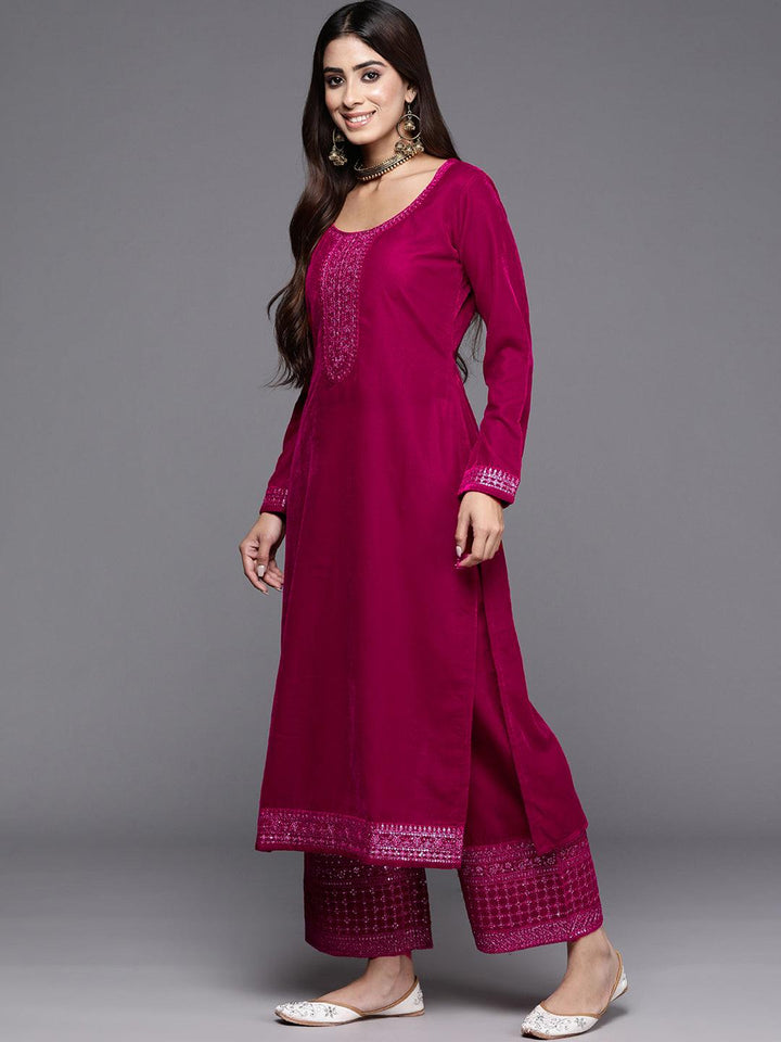 Pink Yoke Design Velvet Straight Suit With Dupatta