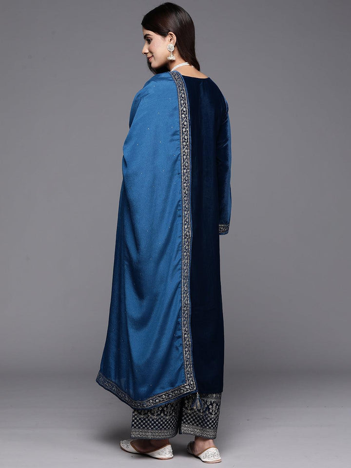 Teal Yoke Design Velvet Straight Suit With Dupatta