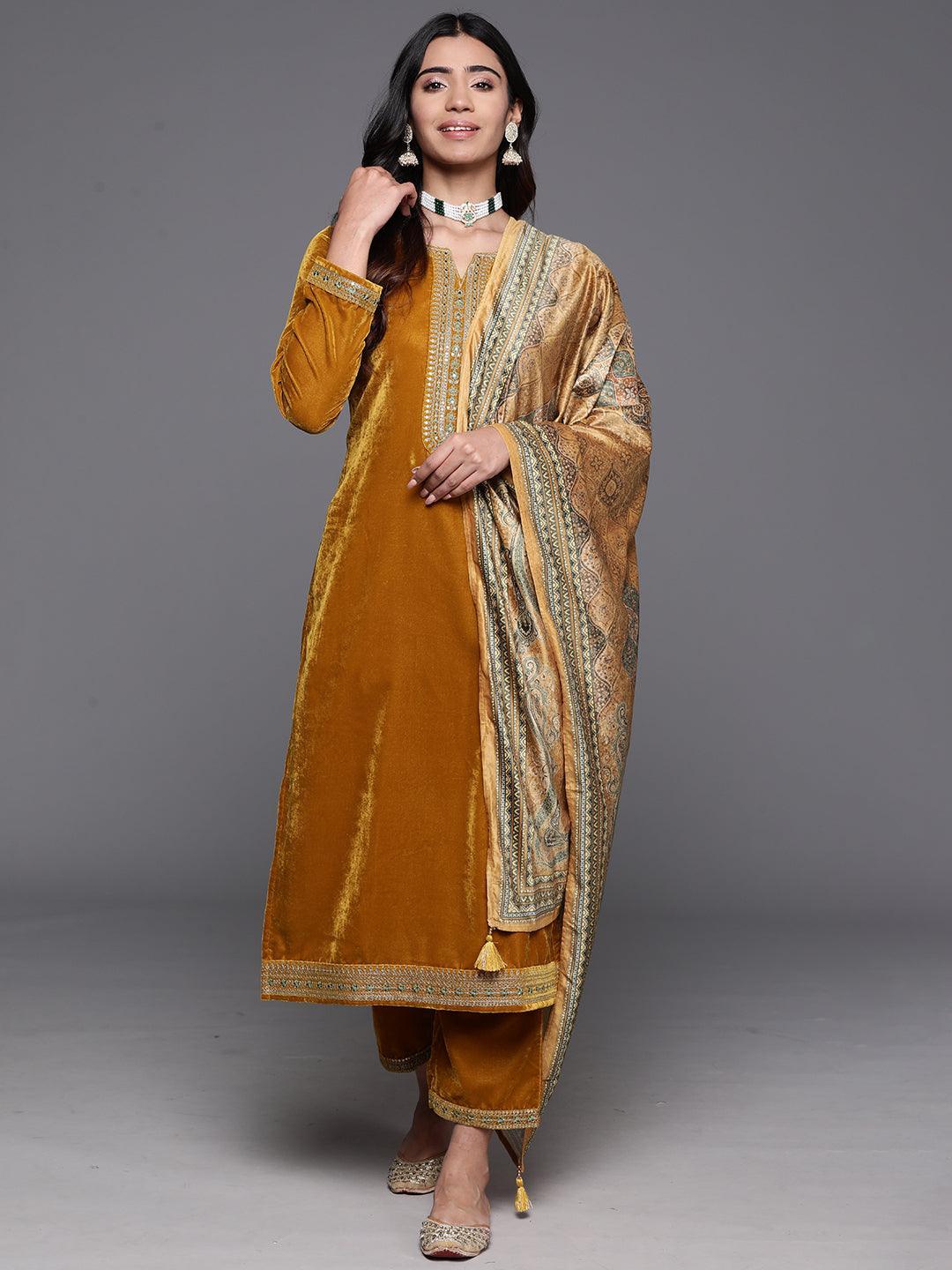Mustard Yoke Design Velvet Straight Kurta With Trousers & Dupatta - ShopLibas