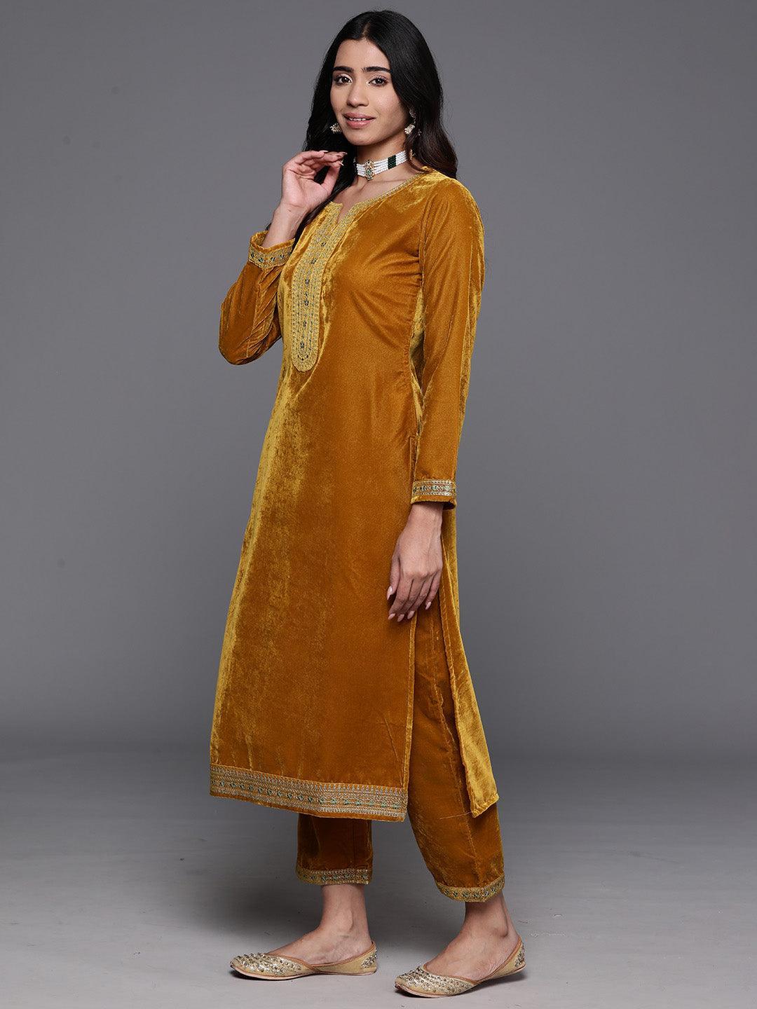 Mustard Yoke Design Velvet Straight Kurta With Trousers & Dupatta - ShopLibas