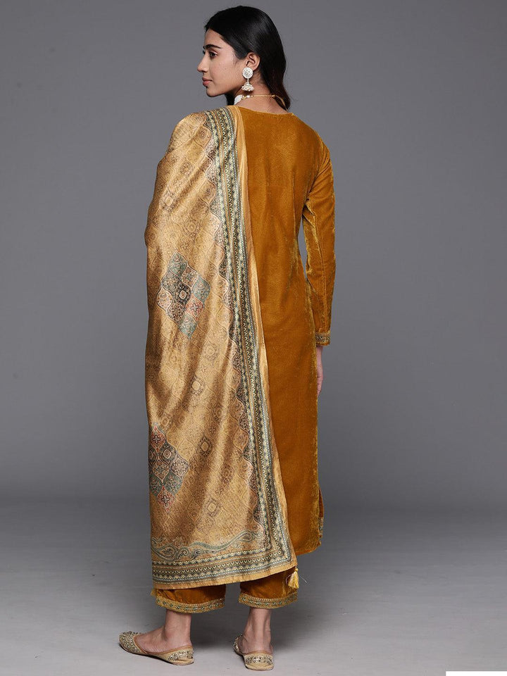 Mustard Yoke Design Velvet Straight Suit With Dupatta
