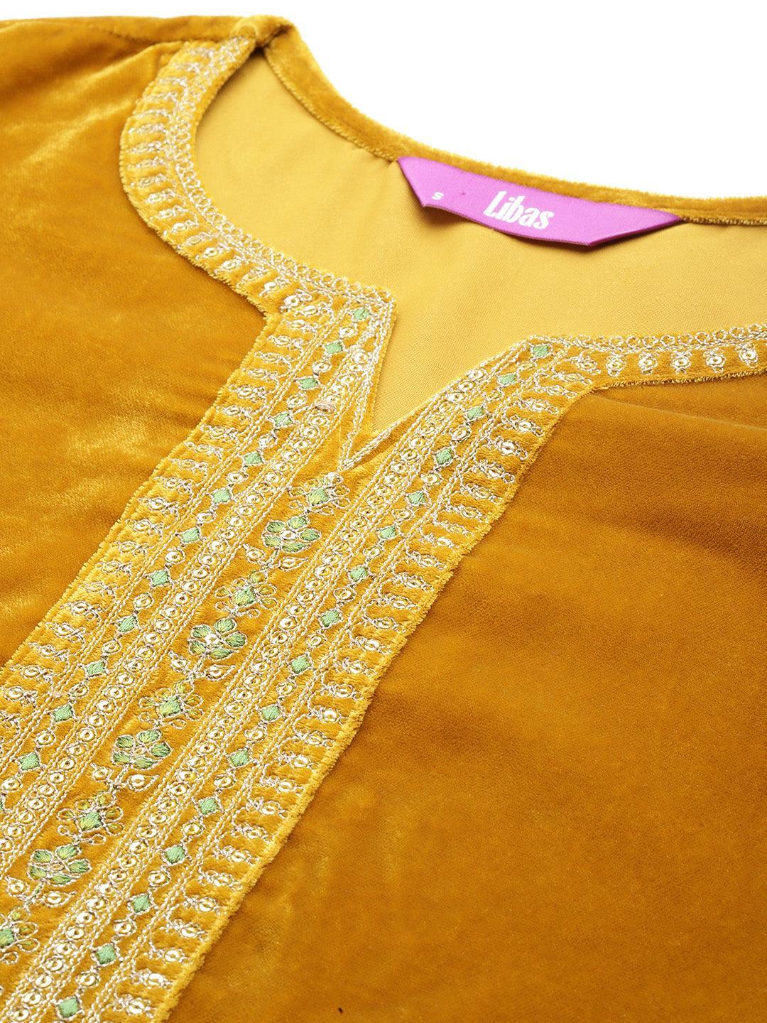 Mustard Yoke Design Velvet Straight Kurta With Trousers & Dupatta - ShopLibas