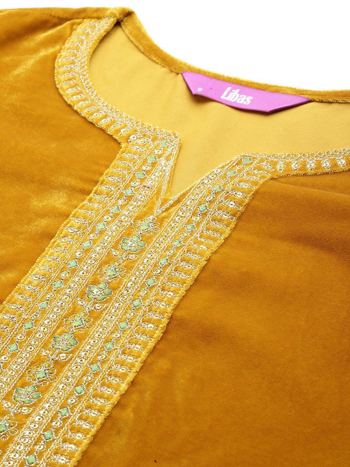Mustard Yoke Design Velvet Straight Suit With Dupatta