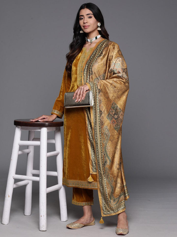 Mustard Yoke Design Velvet Straight Suit With Dupatta