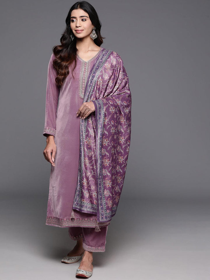 Mauve Yoke Design Velvet Straight Suit With Dupatta