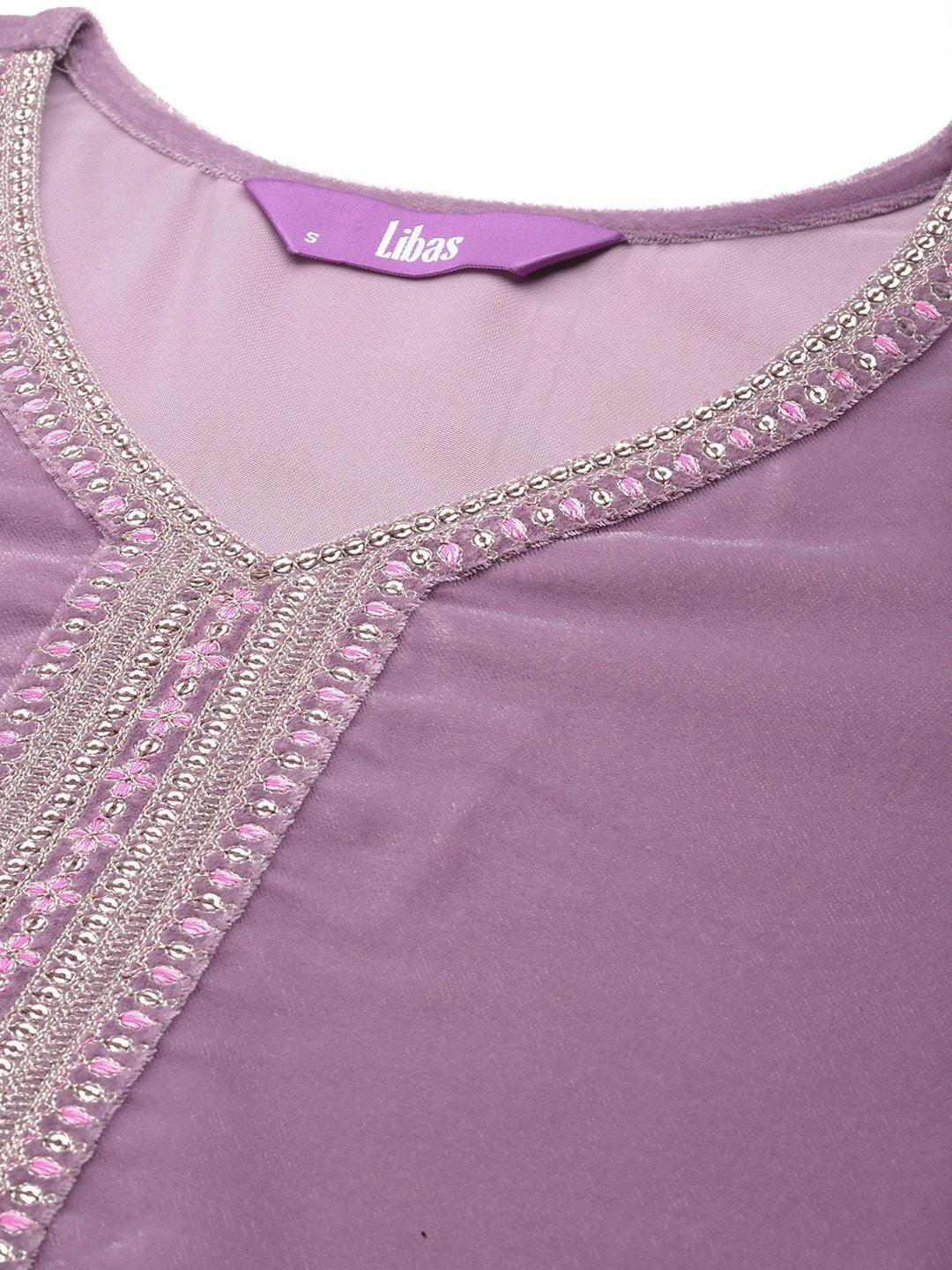 Mauve Yoke Design Velvet Straight Kurta With Trousers & Dupatta - ShopLibas