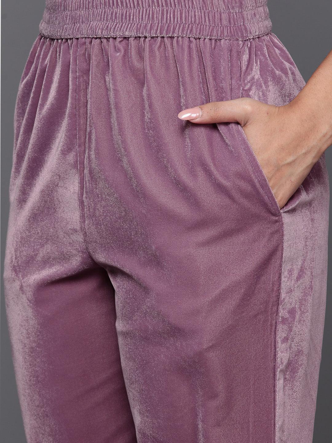 Mauve Yoke Design Velvet Straight Kurta With Trousers & Dupatta - ShopLibas