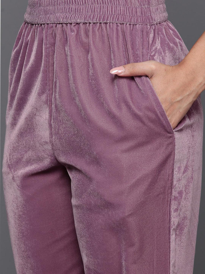 Mauve Yoke Design Velvet Straight Suit With Dupatta