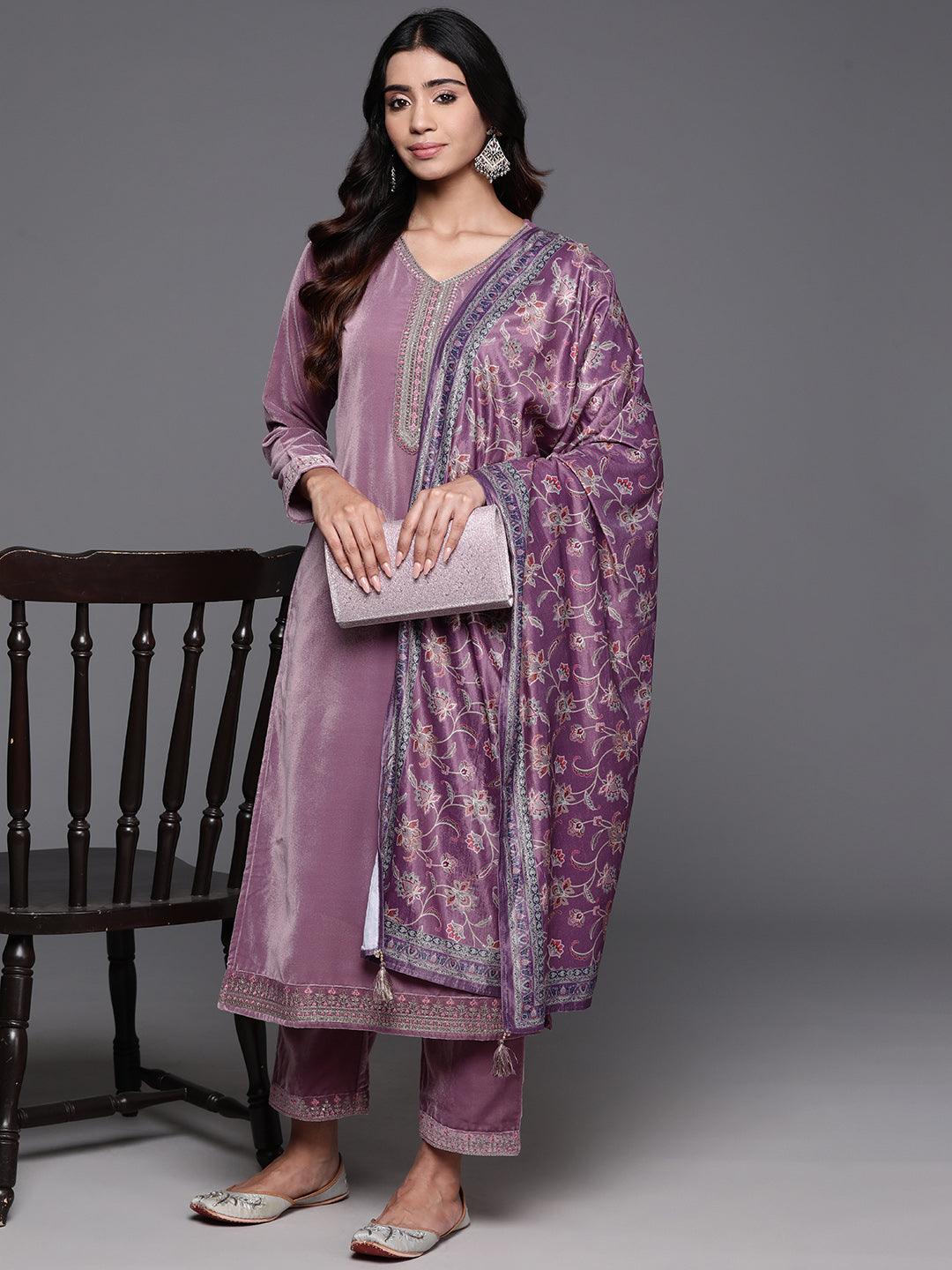 Mauve Yoke Design Velvet Straight Kurta With Trousers & Dupatta - ShopLibas