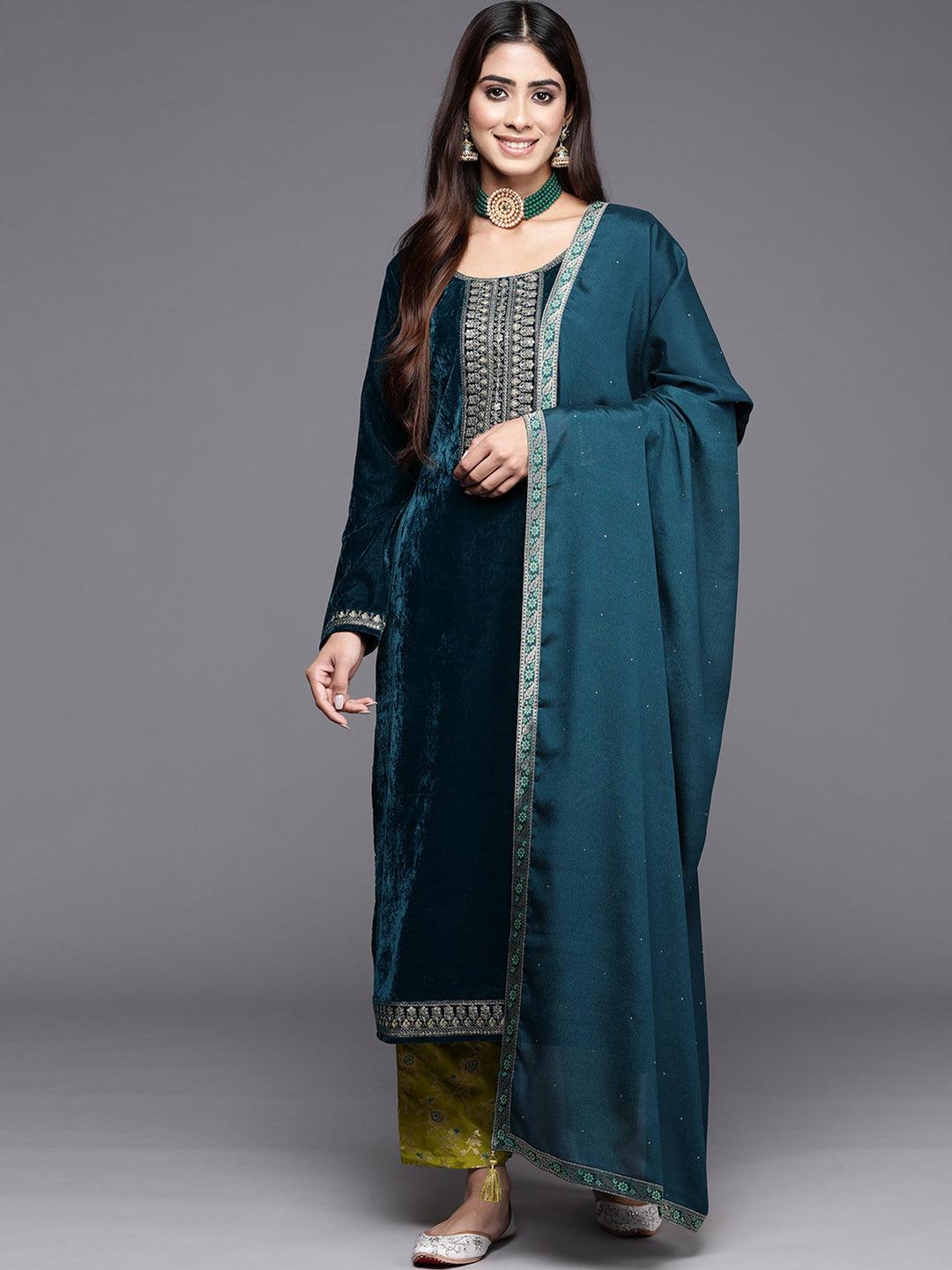 Rama Green Yoke Design Velvet Straight Kurta With Trousers & Dupatta - ShopLibas