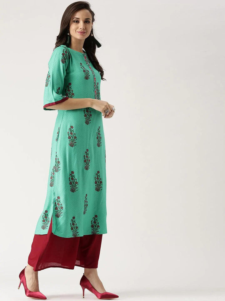 Green Printed Rayon Kurta
