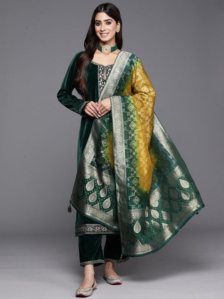 Green Yoke Design Velvet Straight Suit With Dupatta