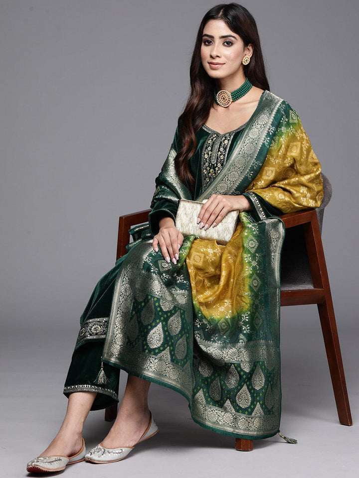 Green Yoke Design Velvet Straight Suit With Dupatta