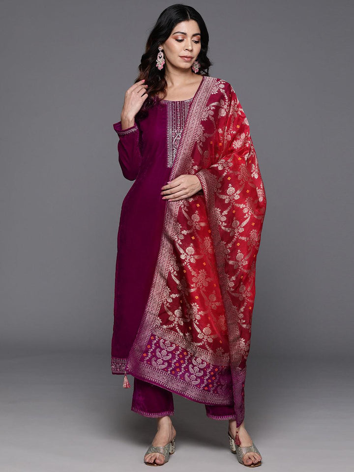 Fuchsia Yoke Design Velvet Straight Suit With Dupatta