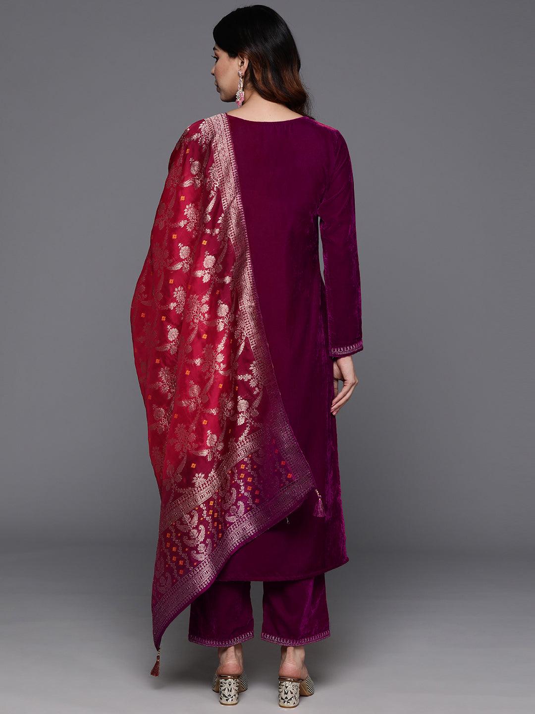 Fuchsia Yoke Design Velvet Straight Kurta With Trousers & Dupatta - ShopLibas
