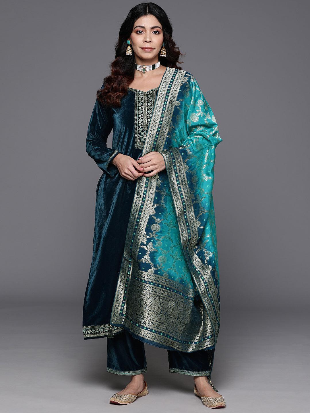 Teal Yoke Design Velvet Straight Kurta With Trousers & Dupatta - ShopLibas