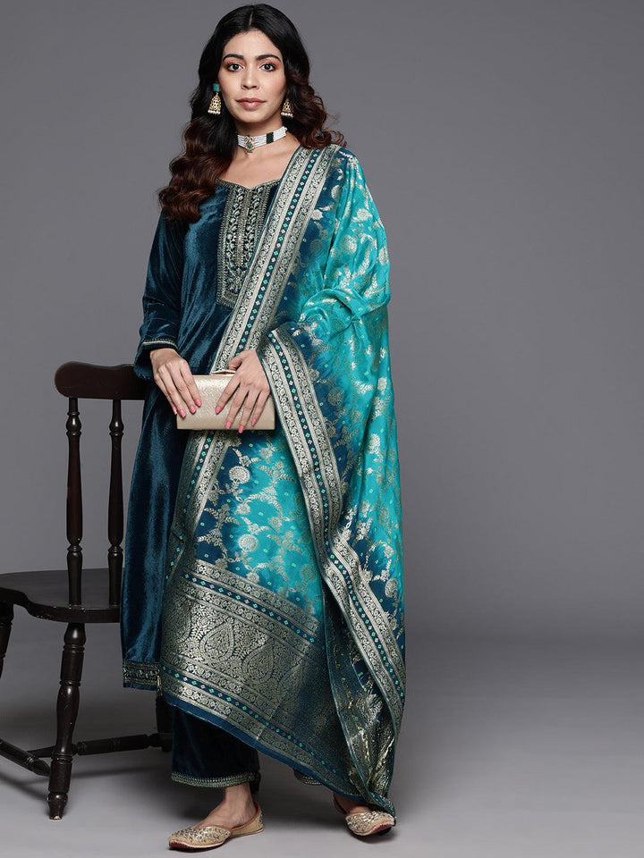 Teal Yoke Design Velvet Straight Suit With Dupatta