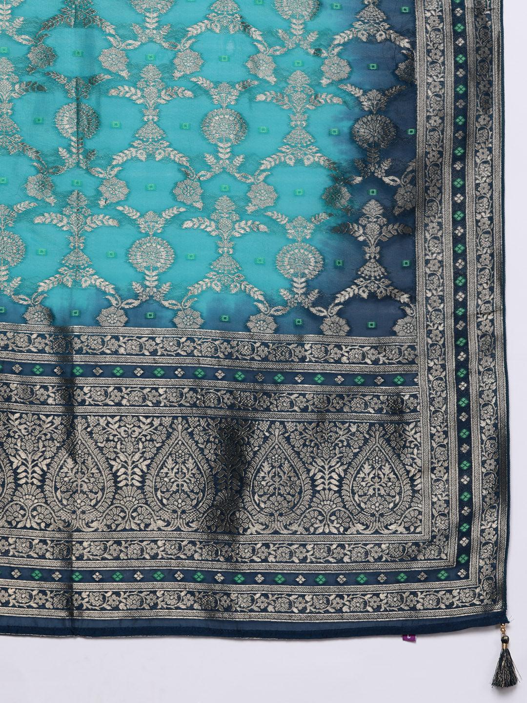 Teal Yoke Design Velvet Straight Kurta With Trousers & Dupatta - ShopLibas