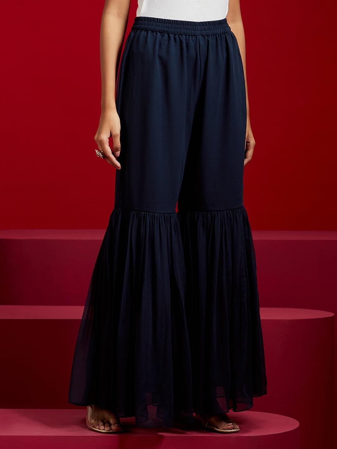 Libas Art Teal Embroidered Georgette A-Line Kurta With Sharara & Dupatta - ShopLibas