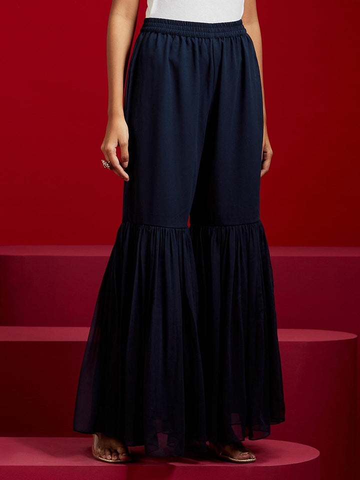 Libas Art Navy Blue Embroidered Georgette A-Line Kurta With Sharara & Dupatta