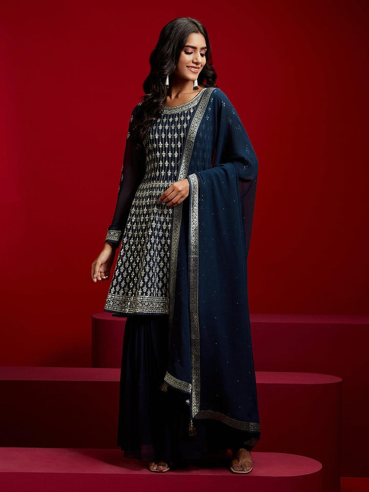 Libas Art Navy Blue Embroidered Georgette A-Line Kurta With Sharara & Dupatta