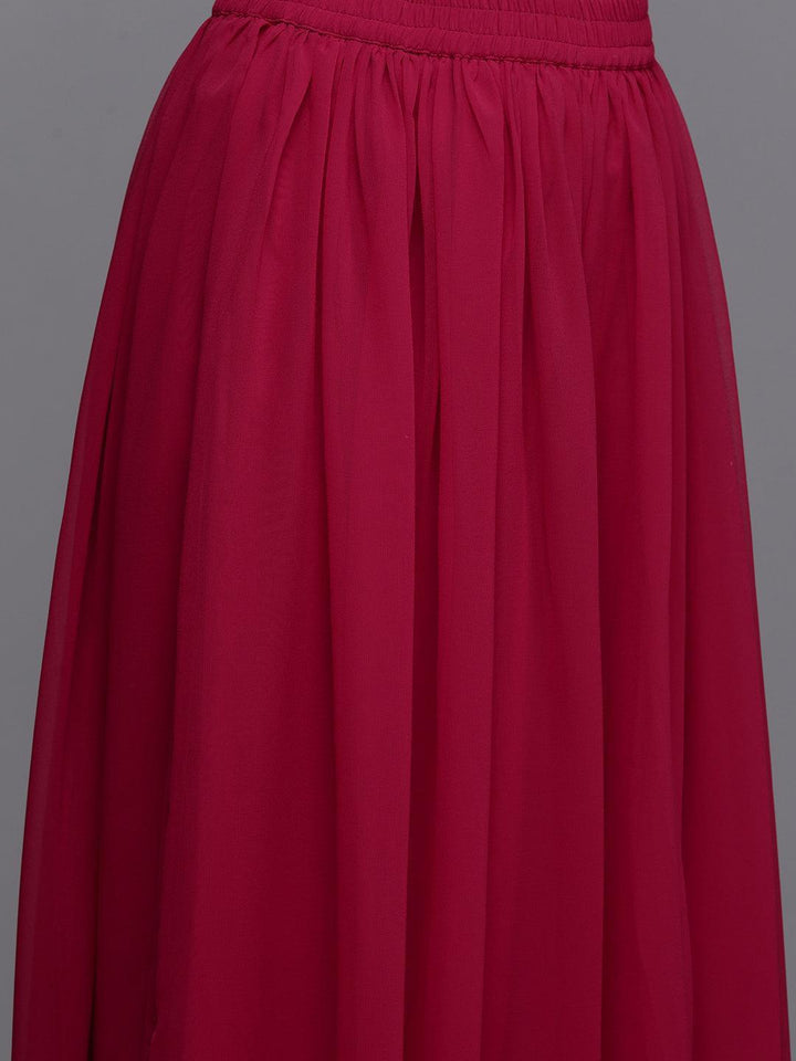 Red Embroidered Georgette A-Line Kurta With Palazzos & Dupatta