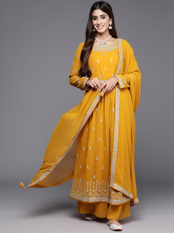 Mustard Embroidered Georgette A-Line Kurta With Palazzos & Dupatta