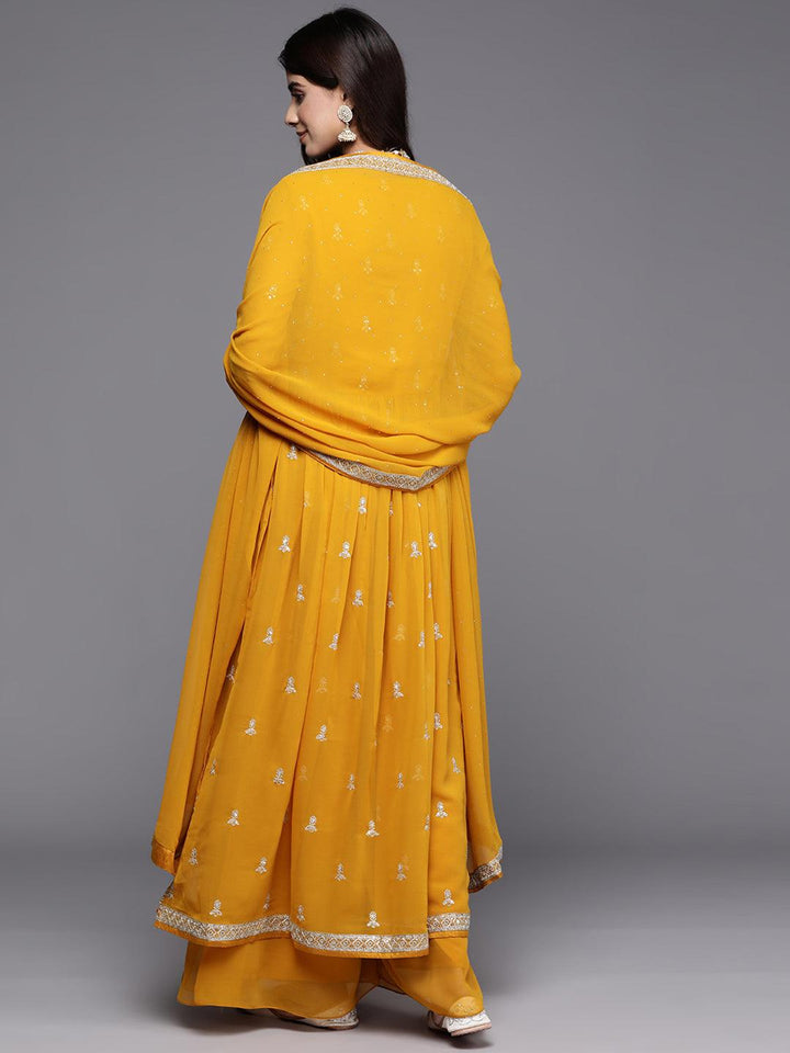 Mustard Embroidered Georgette A-Line Kurta With Palazzos & Dupatta