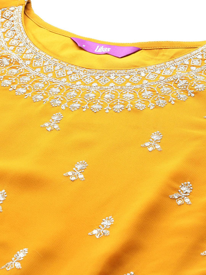 Mustard Embroidered Georgette A-Line Kurta With Palazzos & Dupatta