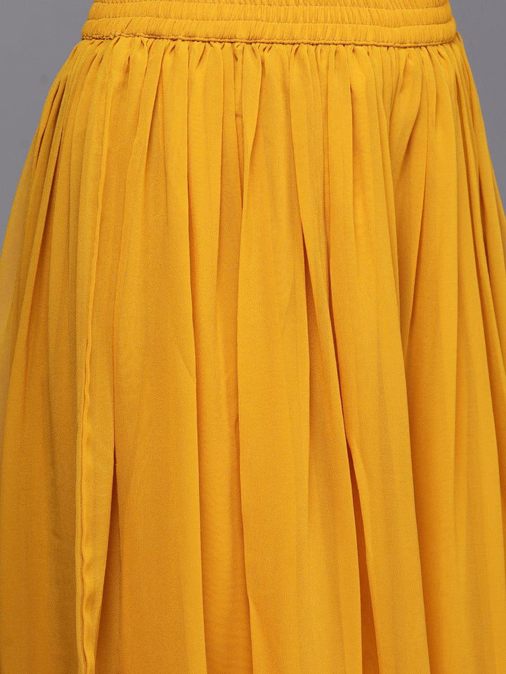 Mustard Embroidered Georgette A-Line Kurta With Palazzos & Dupatta