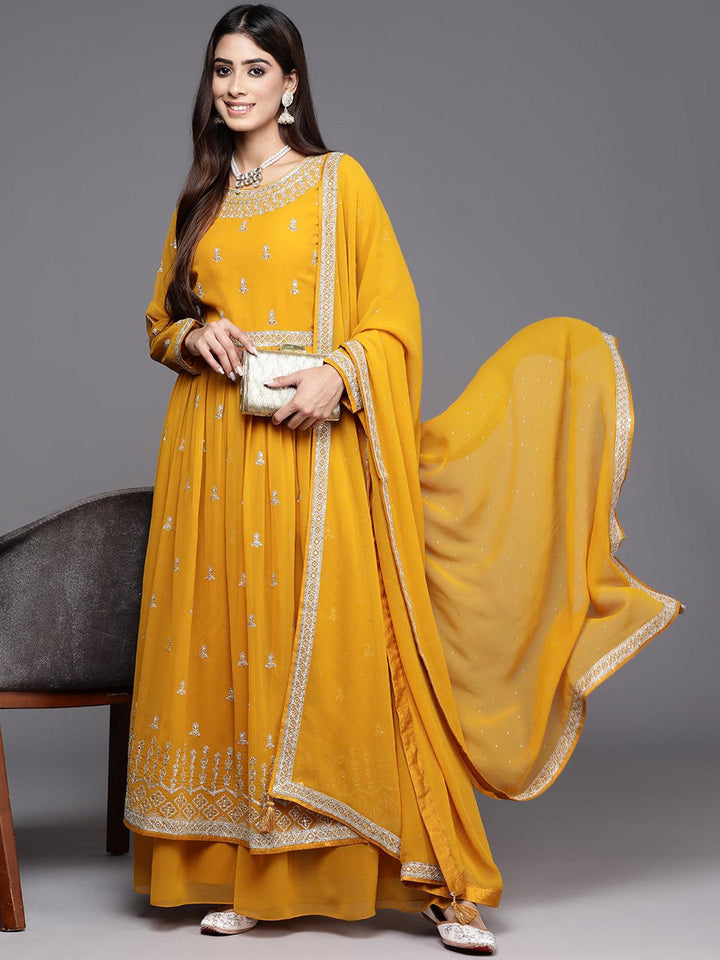 Mustard Embroidered Georgette A-Line Kurta With Palazzos & Dupatta