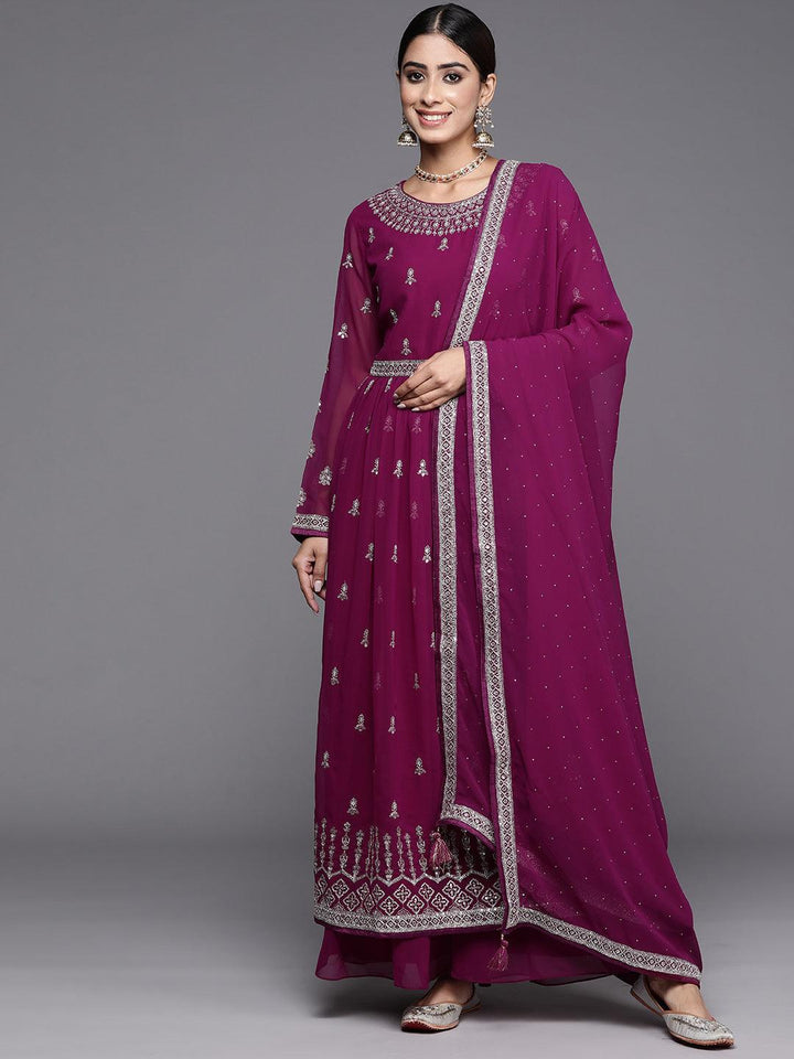 Purple Embroidered Georgette A-Line Kurta With Palazzos & Dupatta
