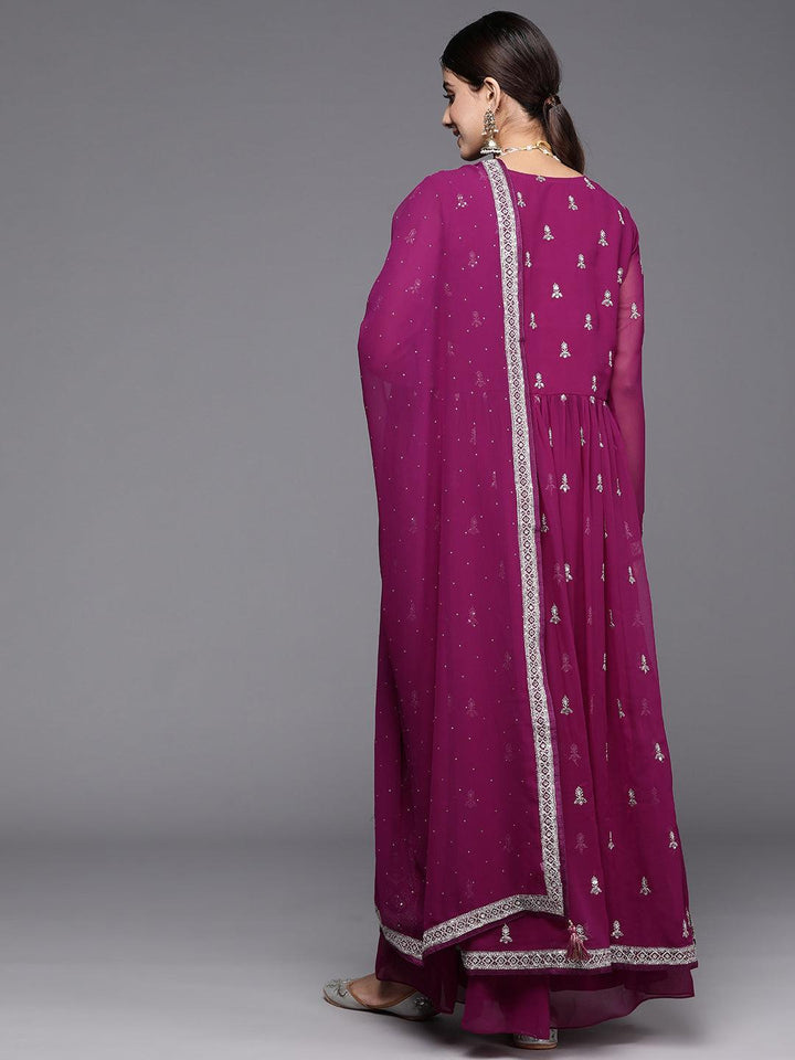 Purple Embroidered Georgette A-Line Kurta With Palazzos & Dupatta