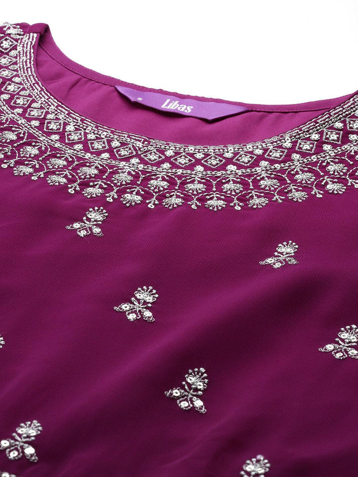 Purple Embroidered Georgette A-Line Kurta With Palazzos & Dupatta