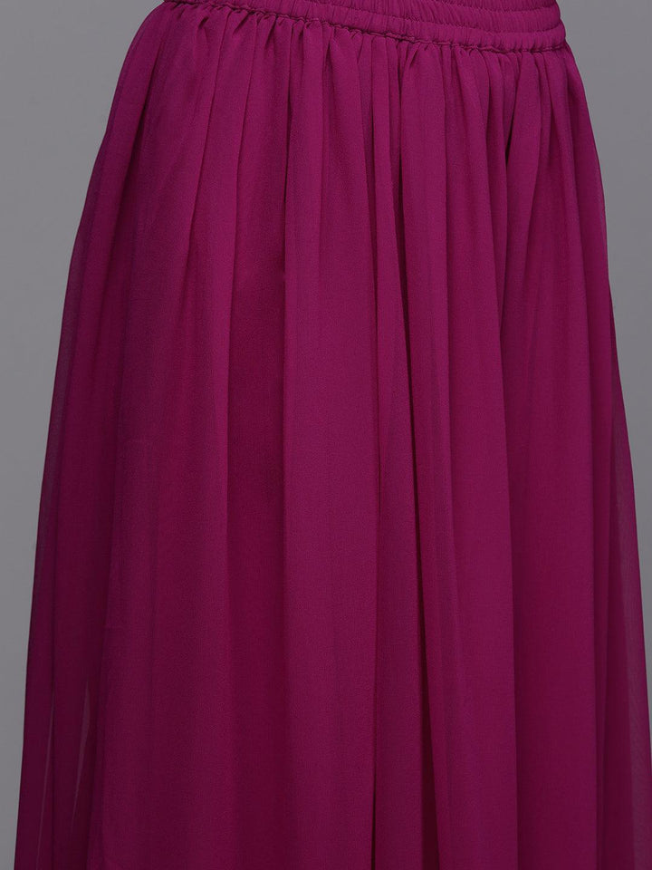 Purple Embroidered Georgette A-Line Kurta With Palazzos & Dupatta